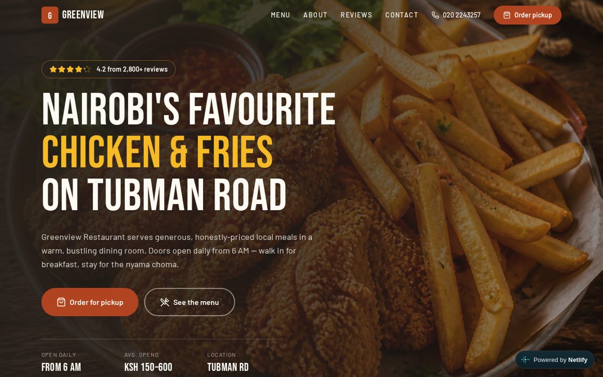 Greenview Restaurant website homepage built by webstudios